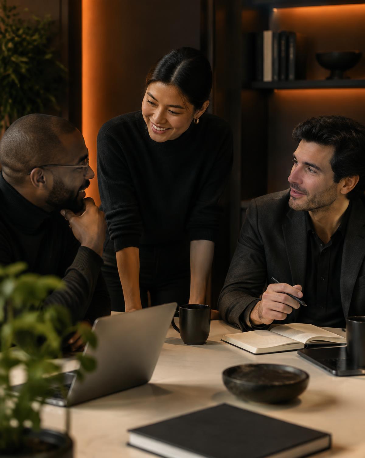 Small diverse team talking together around a table